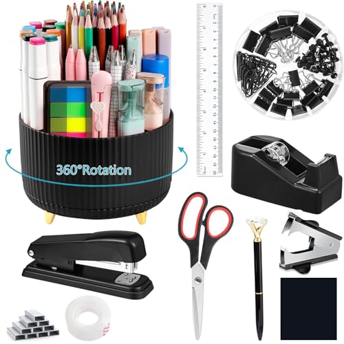 Office Supplies,School Supplies,Black Desk Accessories,Desk Organizer,Scissors,Stapler,Tape Dispenser,Binder Clips,Staples,Staple Remover,Sticky Notes,Clear Tape,Pen,Ruler,Best Gift,11pcs - color: 11 Pcs Set Black, size: 11 pcs set