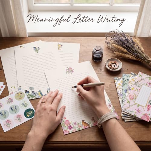 Thboxes Stationary Set Letter and Envelopes, 48 Letter Writing Paper with 24 Envelopes & 24 Stickers, Elegant Floral Stationery Set for Handwritten Letters Party Invitations