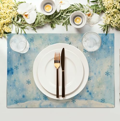 Blue Snowman Snowflake Winter Placemats Set of 4 Seasonal Christmas Linen Table Mats 12x18 Inch Xmas Holiday Snow Farmhouse Rustic Washable Place Mats for Party Kitchen Dining Outdoor Indoor Decor - color: Blue Snowman Placemats Set of 4 - a