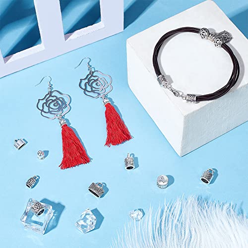 PH PandaHall Cord End Cap, 80pcs 8 Styles Vintage Leather Cord End Alloy Tube Barrel End Tip Glue-in Cord Terminator Barrel Caps for Tassels Bracelet Jewelry DIY Craft, for 5~12mm Cord, Antique Silver - color: Antique Silver-80pcs