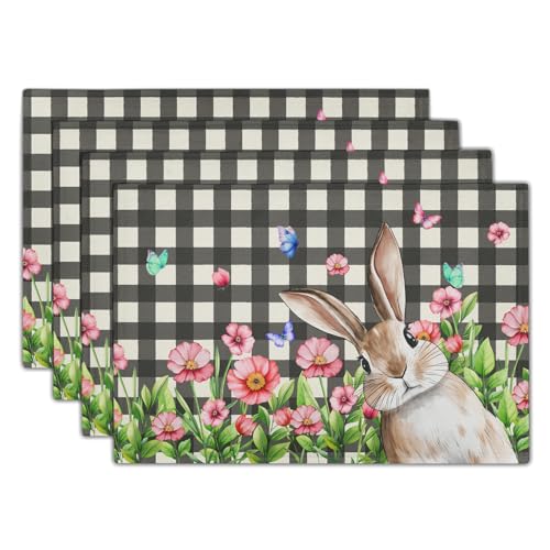 Buffalo Plaid Bunny Placemat Set of 4 12 x 18 Inch Pink Flowers Butterfly Farmhouse Linen Fabric Table Mats Outdoor Spring Seasonal for Party Kitchen Dining - color: Easter Bunny