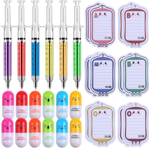 Leery Nurse Gifts 48 PCs - Medical Novelty Pen Set with 24 Syringe Pens, 12 Pill Pens, 12 Blood Bag Sticky Notes - Funny Office & Nursing School Supplies for Nurses, Students, Doctors (48)