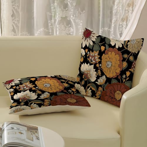 Boho Pillow Covers 18x18 Pack of 2,Vintage Black Floral Throw Pillow Cover Spring Summer Bohemian Botanical Flower Pillowcase Outdoor Decorative Linen Cushion Case for Sofa Home Decor - color: Black-b-boho Floral 1, size: 18" x 18" (Pack of 2)