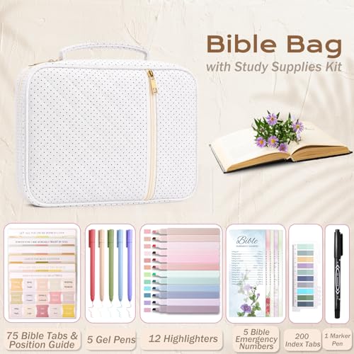 XKDOUS Bible Cover Case for Women Bible Bag Journaling Kit w/Study Supplies - color: Black Dot, size: Large