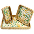 3 Pcs Rectangle Rattan Mother of Pearl Inlay Wicker Decorative Serving Tray - color: Yellow Green Wicker