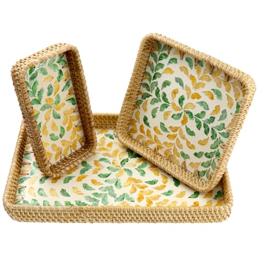 3 Pcs Rectangle Rattan Mother of Pearl Inlay Wicker Decorative Serving Tray - color: Yellow Green Wicker