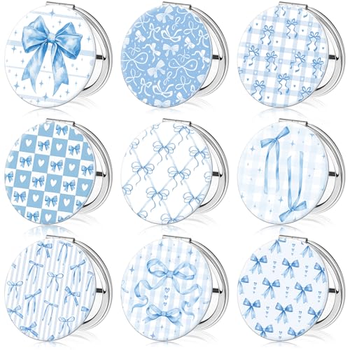 Weysat 9 Pcs Blue Bow Compact Mirrors Double Sided 1x/2x Portable - color: Blue, size: Bow