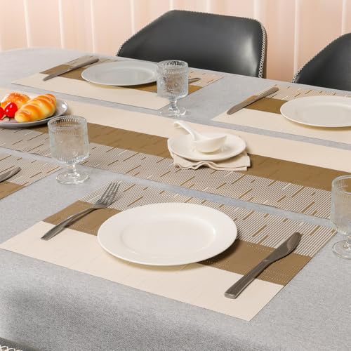Placemats Set of 8, Vinyl Woven Heat-Resistant Place Mats - color: Beige Light Brown, size: Set of 8