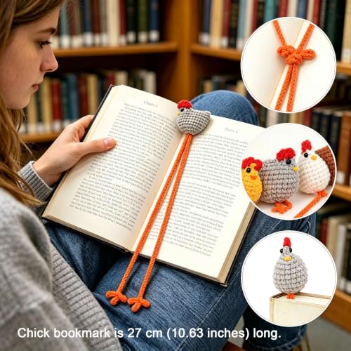 4 Pack Fall Crochet Chicken Bookmarks Chick Book Marks for Reading Gifts - color: Colorful Chicken