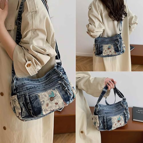 Black Denim Purse Crossbody Bags, Boho Hobo Crossbody Bags for Women, Casual Hippie Travel Purse with Lots of Pockets - color: Dark Blue