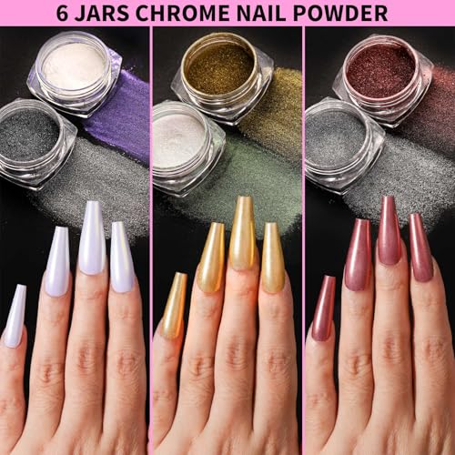 FANDAMEI Nail Art Kit, 54 Pcs Nail Tool Set with 6-Color Nail Polish, 20 PCS Nail Art Brushes, 2 Box False Nail Tips, 6 Jar Chrome Nail Powder, 4 Box Nail Charms, 10 Sheet Nail Stickers for Beginners