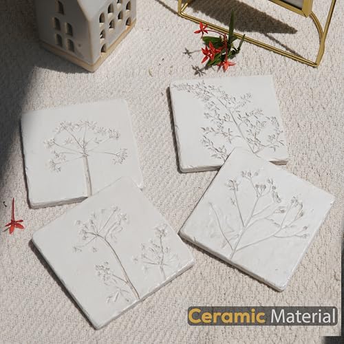Ceramic Coasters Set of 4, White Vintage Engraved Flower Design