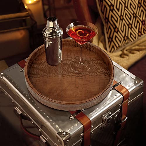 HofferRuffer Faux Leather Round Serving Tray, Vegan Croco Leather Decorative Food Tray for Storage Drinks, Snack & Cosmetics, Dia.12'' x 1.6'' (Antique Brown) - color: Antique Brown, size: 12"