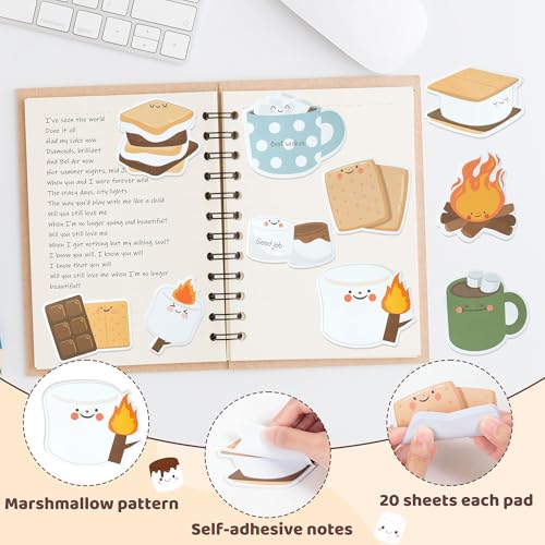 CJiangpo 30Pcs Marshmallow Sticky Notes - 600 Sheets Cute Self Stick Notepad Memo Pads Funny Cartoon Page Markers for Classroom Rewards Teacher Student Supplies Camping Themed Gift for Kids - color: Camping Marshmallow