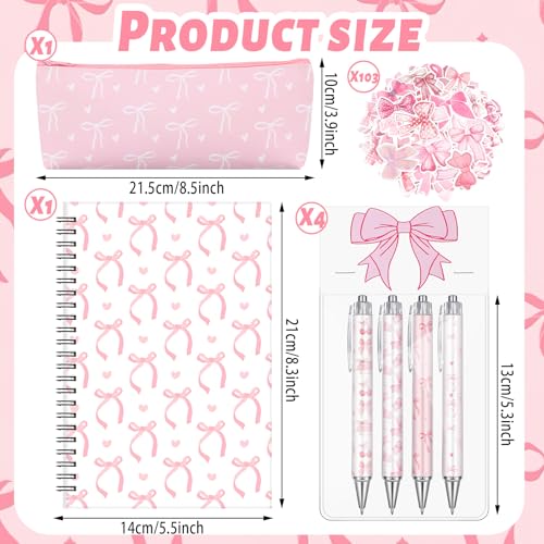 Sayglossy Pink Bow Set Pen Spiral Notebook Journal Pencil Case Sticker - color: Pink