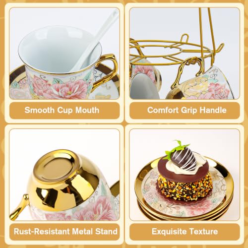 20Pcs Porcelain Tea Set with Metal Stand,European Vintage Tea Set for Adult - color: Light Gold