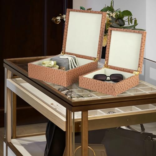 HofferRuffer Square Decorative Boxes, Set of 2 Nesting Storage Memory Keepsake Boxes with Lids, Stylish PU Leather Trinket Jewelry Organizer Box for Home Decor and Storage (Camel Ostrich) - color: Camel Ostrich