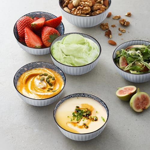 10 oz Small Ceramic Bowls Set of 6, 4.5 Inch Japanese Blue and White Bowls for Ice Cream, Rice, Dessert, Snack, Dipping, Microwave and Dishwasher Safe - Leaf Pattern - size: Leaf Pattern