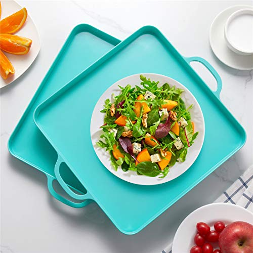 Square Serving Trays with Handles Melamine Turquoise 12.5x12.5 Inch Spill Proof Kitchen Eating Trays Set of 2 for Cafeteria Cafe Food Appeizer Dessert Snack Dinner Lunch Breakfast,TR13-02 - color: Turquoise