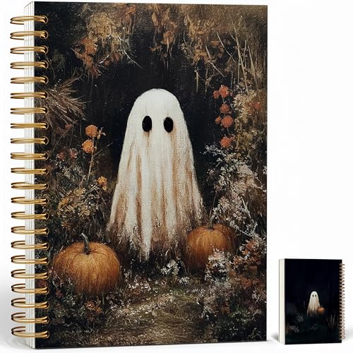 Notebook Journal for Women - A5 Spiral Notebook with Ghost in forest Design, Vintage Dark Romantic Ghost Wildflowers, Gothic Office & School Supplies, Unique Gifts for Women Birthday, Christmas (Pumpkin & ghost) - color: Pumpkin & ghost