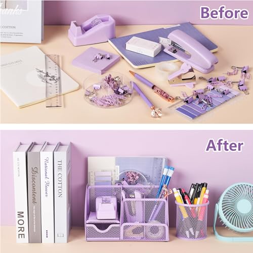 Fayoo 15 Pcs Purple Office Supplies Set Mesh Desk Organizer Accessories Kit - color: Purple