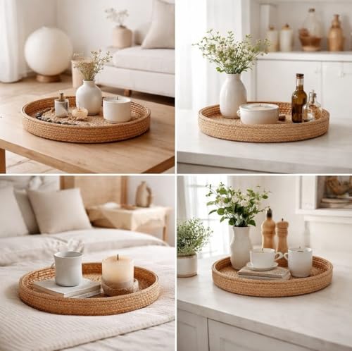 Round Rattan Serving Tray Set (2 Nesting Sizes) with Handles, 4 Coasters Included, Handwoven Boho Wicker Organizer for Coffee Table or Ottoman, 14.2 x 2.3 in and 11.9 x 1.7 in