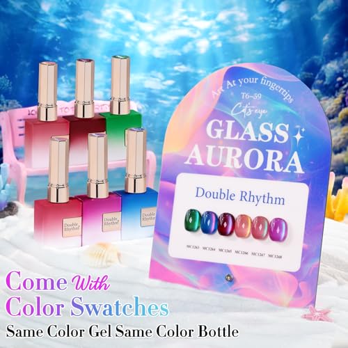 Double Rhythm Cat Eye Gel Nail Polish Set of 6 Same Color Same Bottle 0.5 Oz Shimmer Glitter with Magnet Holographic Reflective Magnetic UV Nail Polish Kit at Home (Glass Galaxy Green-T6-59) - color: Glass Aurora