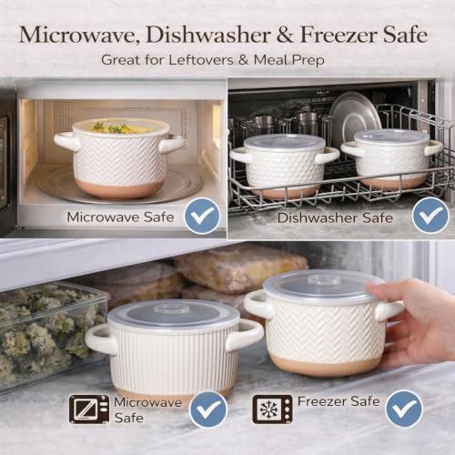 AmorArc 24 oz Soup Bowls with Lids, Ceramic Soup Containers with Handle - color: Light Beige(Line ), size: Set of 2