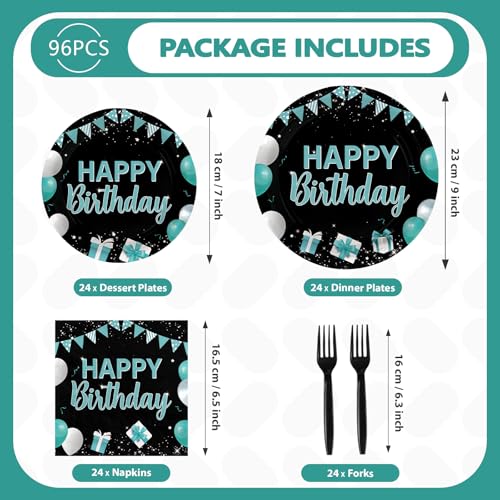 Grencian 96Pcs Happy Birthday Teal Blue Black Party Decorations Serves 24 - style: Peacock Blue Black Birthday