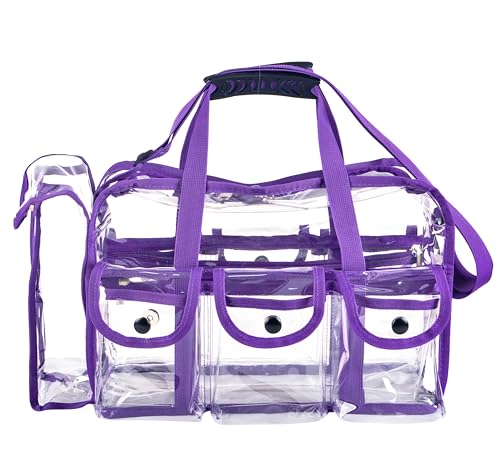 Wide Mouth Large Professional Clear PVC Travel Makeup Artist Set Bag Cosmetic Nails Beauty Bag Transparent Vinyl Tool Organizer Beach Bags Diaper Bags with 6 External Pockets & Strap (Purple) - color: Purple