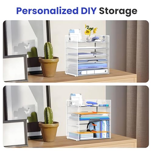 Daltack 6-Tier Paper Organizer for Desk with Handle, White - color: White