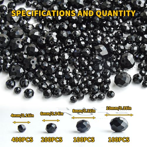 800Pcs 4/6/8/10mm Round Crystal Glass Beads for DIY Jewelry, Ideal for Bracelets, Necklaces, Pendants, and Handmade Craft Projects(Black) - color: Black, size: 4/6/8/10mm 800pcs