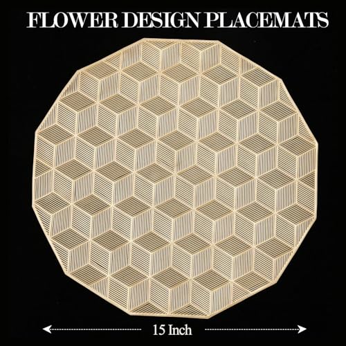 Quantum Love Round Placemats Gold Cube Metallic Set of 6 Vinyl Hollow Placemats 15 Inch, Wipeable Non Slip Stain Washable Easy Clean Heat Resistant Dining Table Place Mats for Wedding Party Decoration - color: Gold Cube