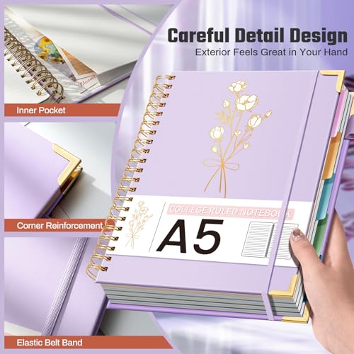 Ovesmusl 5-Subject Hardcover Spiral Notebook, 6.1" x 8.4", College Ruled - color: Purple, size: 8.4"x6.1"