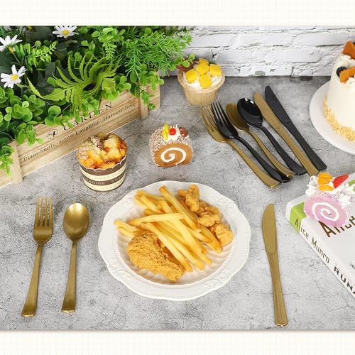Kochorie 300 PCS Heavy Duty Black and Gold Plastic Silverware Cutlery Set - color: Black and Gold