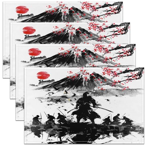 Feelyou Japanese Samurai Placemats Set Set of 4 18"x12" - color: Black and White