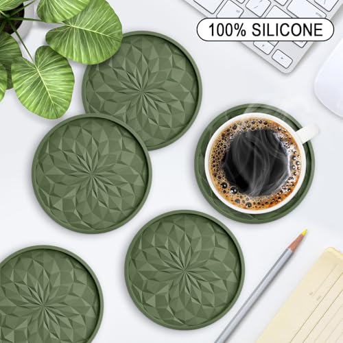 ME.FAN Silicone Coasters with Holder,[6 Pack] Drinking Coasters - Cup Mat for Hot or Cold Drinks, Thickened, Non-Slip, Non-stick,Deep Tray Olive Green - color: Olive Green