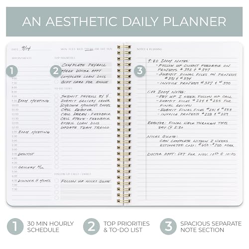 Beautiful Daily Planner And Notebook With Hourly Schedule - Spiral Notepad - color: striped sage
