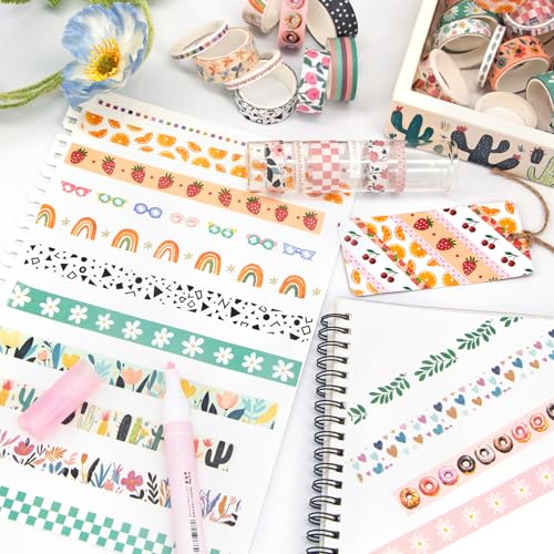 MOOKER 55 Rolls Holiday Washi Tape Set - Decorative Tape Seasonal Bohemian Colored Tape, Cute Washi Tapes for Journaling Supplies, Scrapbooking Supplies kit, Summer Scrapbook Supplies