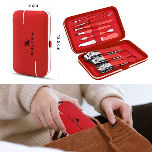 Manicure Set, Travel Mini Nail Clippers Kit Pedicure Care Tools, 10pcs Stainless Steel Grooming kit (Red) - color: Red