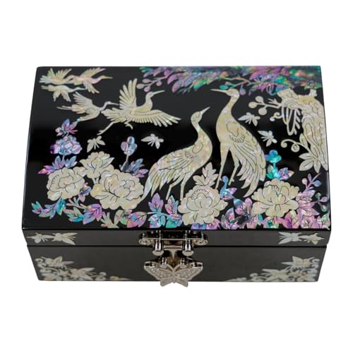 February Mountain Mother of Pearl Jewelry Box – Christmas, Birthday, Valentine’s Day & Mother’s Day Gift for Women, Wedding Keepsake, Elegant Holiday Stocking Stuffer (Cranes in Bloom) - color: Cranes in Bloom