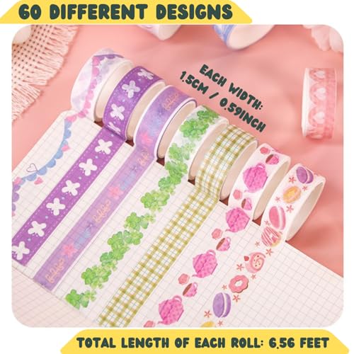 60 Rolls Washi Tape Set Aesthetic Decorative Masking Tape - color: Pink