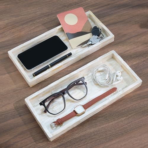 PEMAR Set of 2 Mother of Pearl Bathroom Tray for Counter, 11" Wooden Vanity Tray for Perfume Makeup Kitchen Sink Countertop Organizer, Toilet Tank Tray, Valet Tray (White Tiles) - color: White Tile