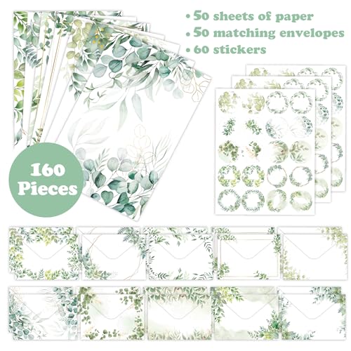 Stationery Paper Envelopes Set 160 Pcs - 50 Lined Writing Paper, 50 Envelopes, 60 Dot Stickers, Vintage/Floral/Leaf/Watercolor Multi-Style Options (STATIONERY-160PCS-LEAF) - style: Leaf