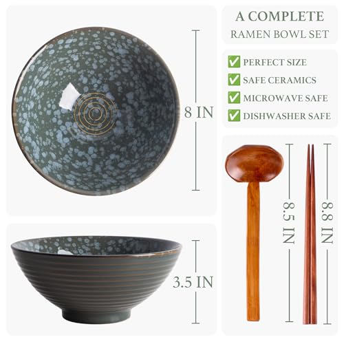 40oz Japanese Ceramic Ramen Bowl Set of 2 with Chopsticks and Spoons for Pho Udon Asian Soup Noodles (Jade Speck) - color: Jade Speck