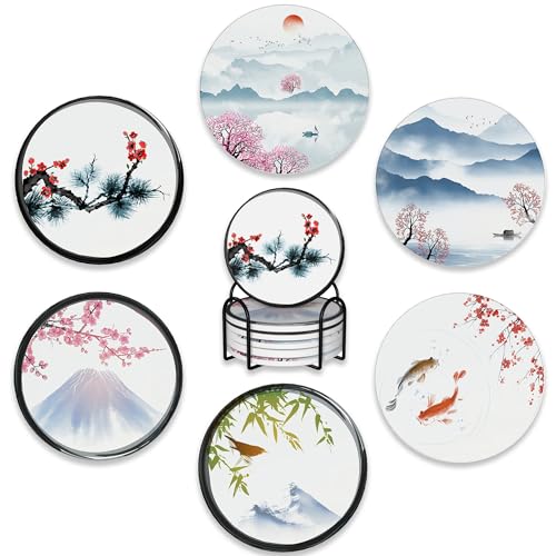 Drink Coasters Set of 6 with Holder,Japanese Cherry Blossom and Fujiyama Mountain Absorbent Ceramic Coasters with Cork Base,Fit All Cups,Tabletop Protection Mat for Mugs and Cups,Office,Kitchen - color: Japanese Cherry Blossom and Fujiyama Mountain