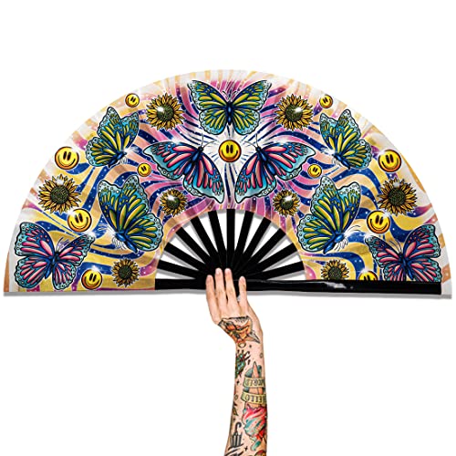 13" Large Rave Fan Bamboo, Folding Clack Hand Fans Foldable for Men Women, Poping Fan for EDM Festival Line Dance Decoration, (Butterfly, Large 13") - color: Butterfly, size: Large 13"