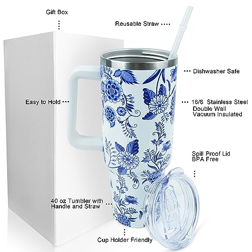 Blue and White Porcelain 40 oz Tumbler with Handle Straw Lid - color: Blue and White Porcelain