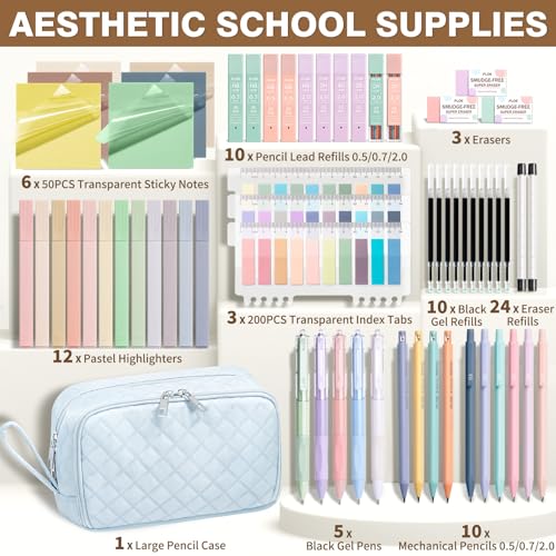 62PCS Aesthetic Back to School Supplies w/ Cute Pencil Case Stationary Set - color: Blue
