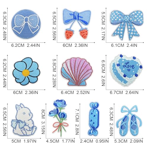 10 Pcs Blue Girly Iron On Patches, Kawaii Light Blue Random Embroidered Applique Patches, Clothes Backpacks Hats Pants Jackets Jeans Decoration for Girl, DIY Accessories - color: 10 Blue Girly